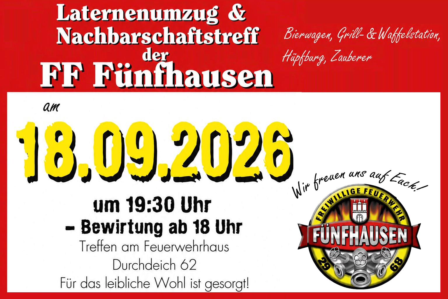 Plakat zum Laternenumzug und Nachbarschaftstreff der Freiwilligen Feuerwehr Fünfhausen