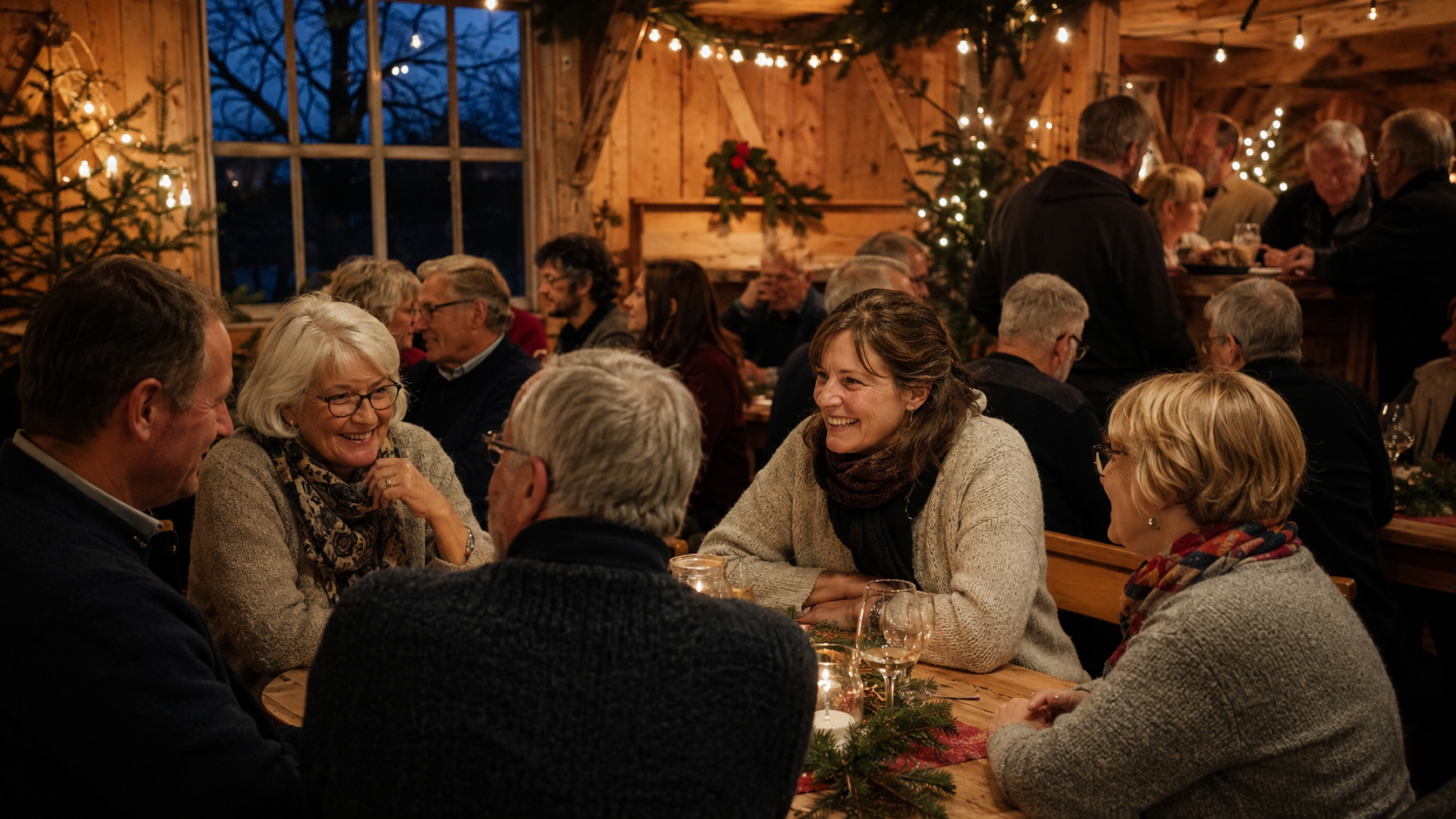 Stimmungsvoll beleuchtete Weihnachtsfeier im Dorf